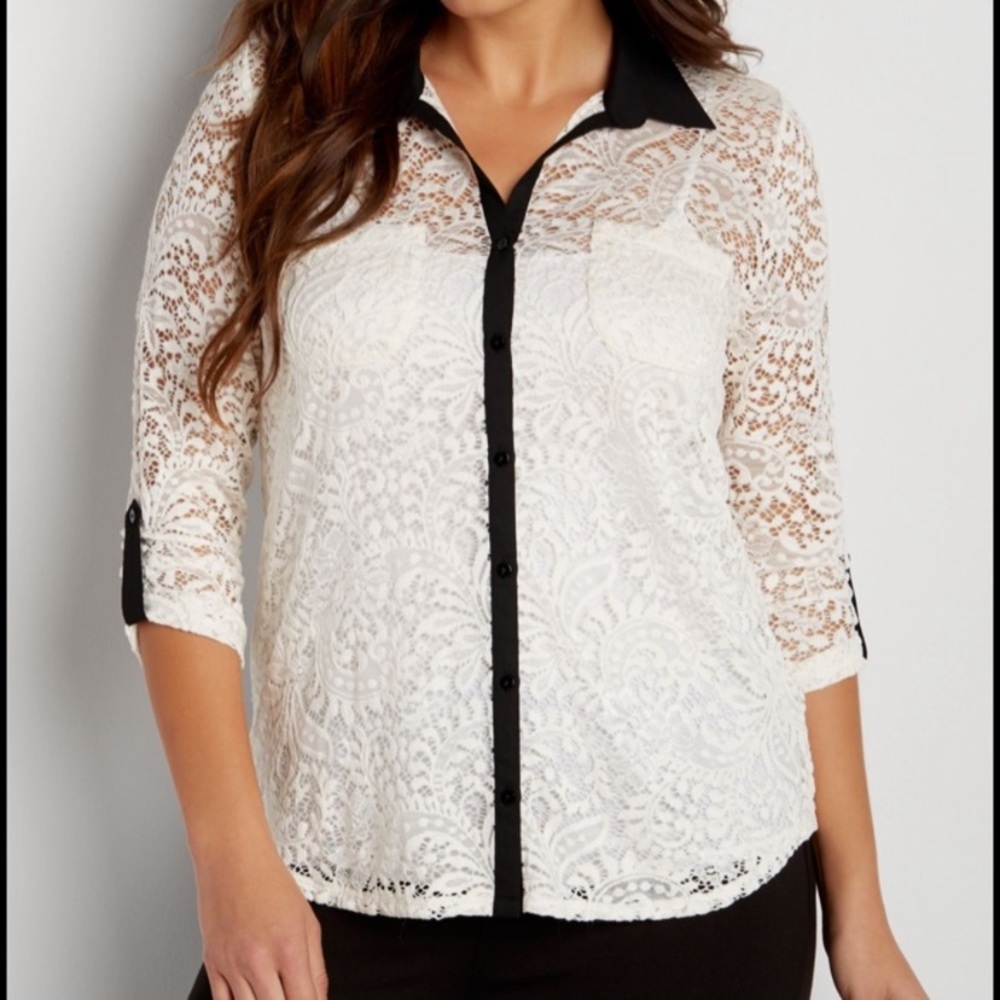 Maurices White Lace Button-Down Shirt with Black Trim